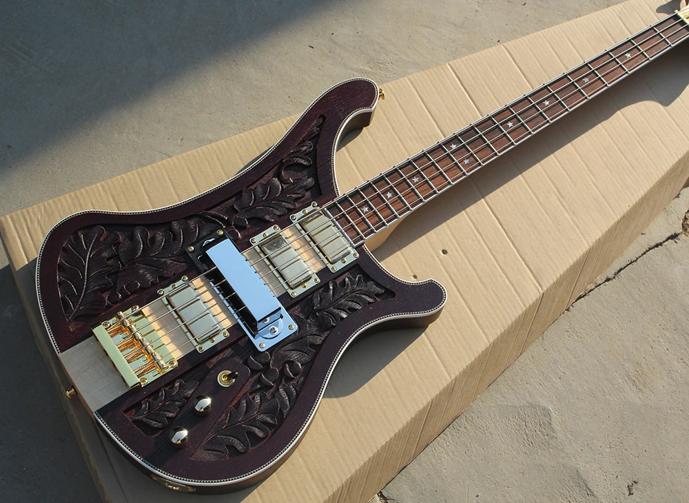 4 Strings Matte Red-brown Neck-thru-body Electric Bass with Pickups Rosewood Fretboard Numerical Control Engraving Pattern | Спорт и