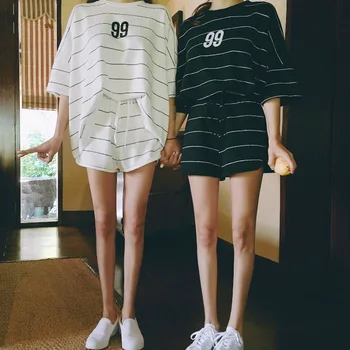 

Leisure Clothing Loose Piece Summer New Striped Letter Short-Sleeved Shorts Women's Pajama Sets