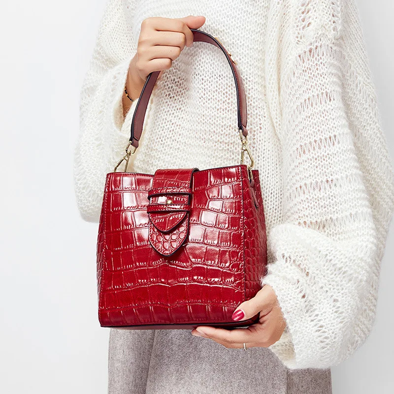 

New Style WOMEN'S Bag Spring And Summer WOMEN'S Cow Leather Bag Alligator Print Handbag Shoulder-Style Bucket Bag 1277