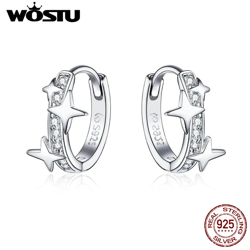 WOSTU Brilliant Star Hoop Earrings 925 Sterling Silver Dazzling Zircon Circle Small Earrings For Women Silver 925 Jewelry CTE076