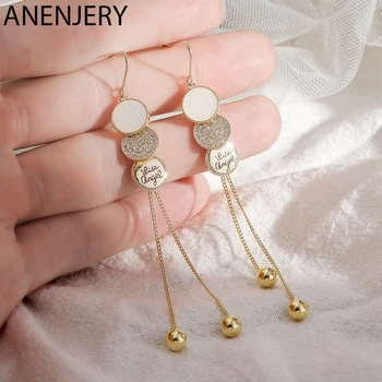

ANENJERY Dainty Three Disc Long Tassel Earrings for Women Letter Zircon Shell Dangle Earrings Party Bridal Jewelry S-E1240