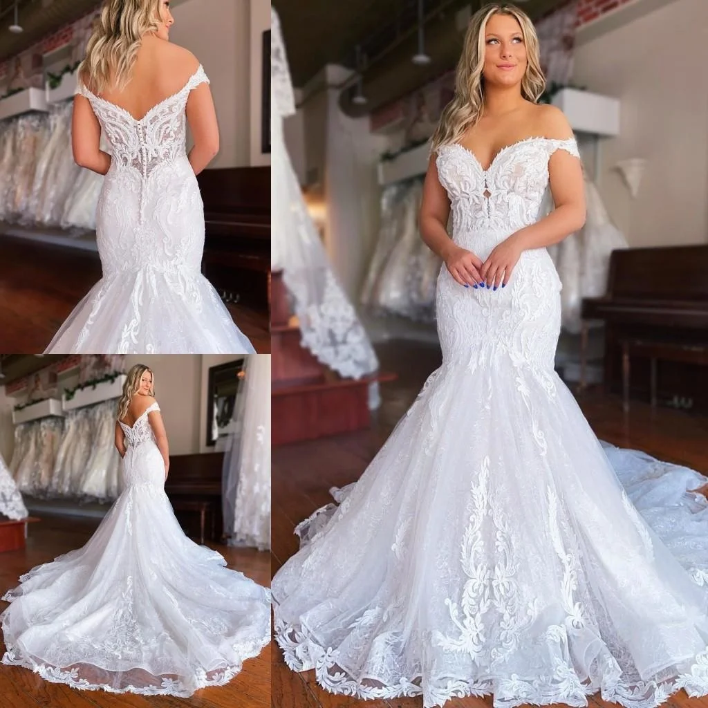 『Cheap!!!』- Elegant White Lace Wedding Dress 2021 Mermaid Off The
Shoulder Plus Size Bridal Gowns Covered Button Outdoor Gorgeous Lady