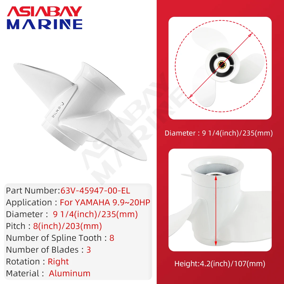 Marine Propeller For Yamaha Outboard Propeller 9-1/4 x 8 Aluminum Alloy Screw 3 Blade 8 Spline Tooth Part #63V-45947-00 for 9.9-15HP Boat Motors