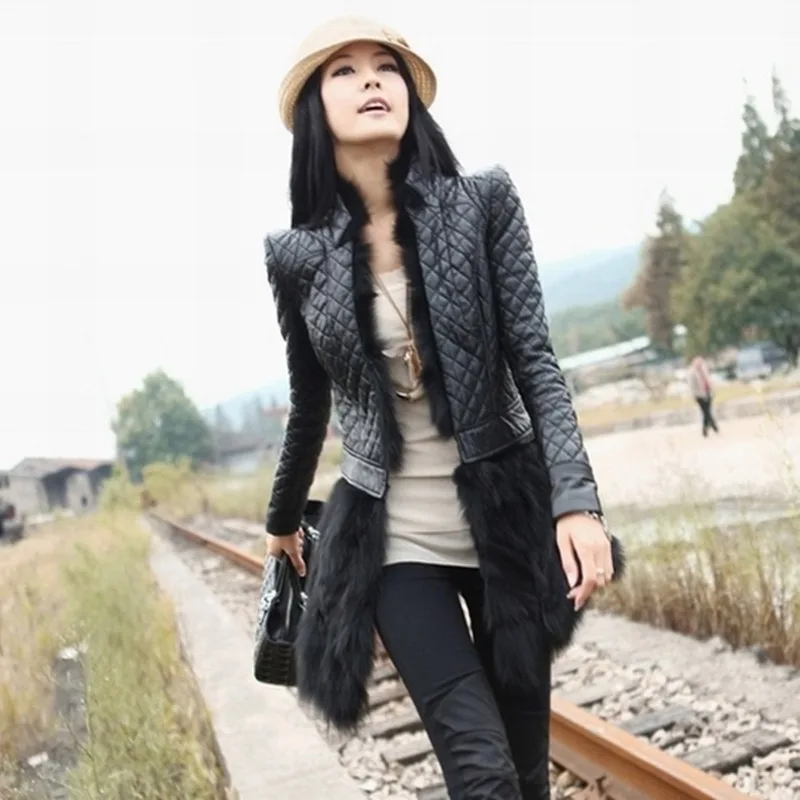 European Style Rabbit Fur Coat Leather Jacket Women Plus Size 6XL New Autumn Winter Medium-long PU Leather Clothing