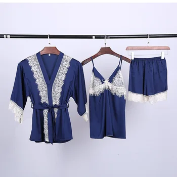 

Ladies Sexy Silk Satin Robe Pajama Set Lace Bathrobe+Top+Shorts 3 Pieces Summer Spring Sleepwear Nightwear Set For Women