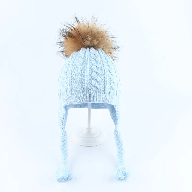 sky blue Зимняя шапка для мальчиков и девочек, ангора, Осенние шапочки с наушниками, настоящий помпон из меха енота, теплые зимние лыжные принадлежности для малышей - Цвет: sky blue