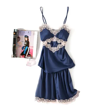 

Sexy 2PCS Satin Pajamas Suit Strap Top&Shorts Women Silky Bridal Wedding Gift Lace Patchwork Sleepwear Nightwear Homewear