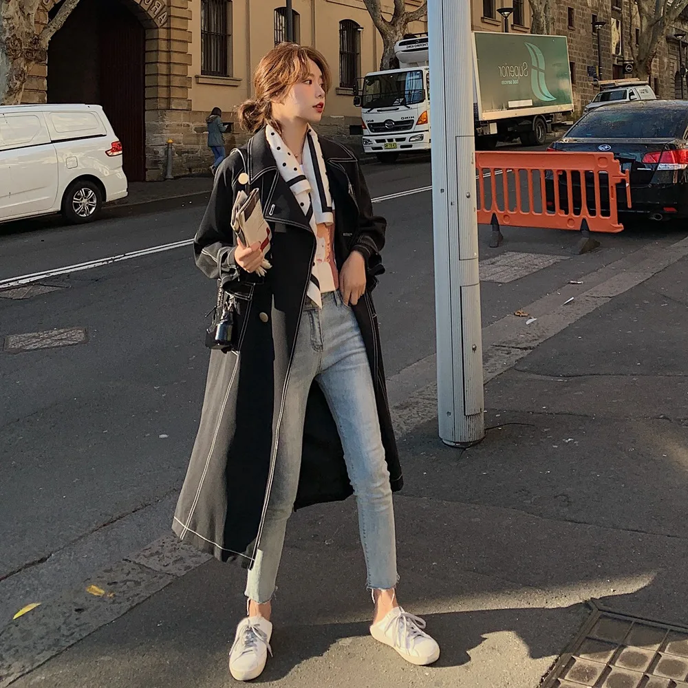 

Photo Shoot 2019 Autumn New Style Korean-style WOMEN'S Wear Retro CHIC Waist Hugging Open Wire Mid-length Double Breasted Trench