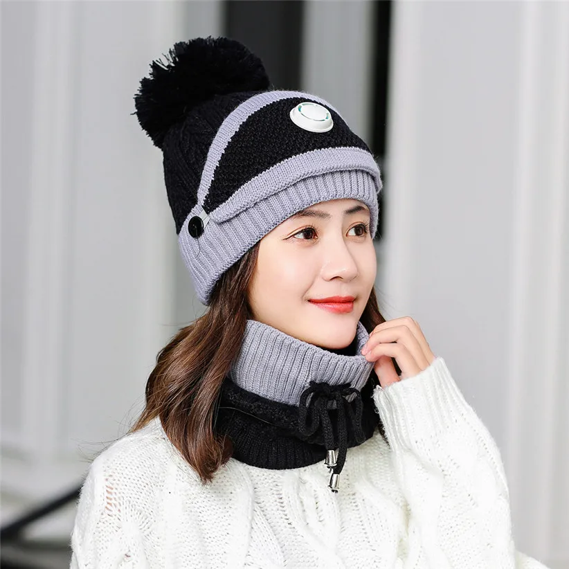 Winter Knit Set Women Girls Patchwork Ball Hat Skullies Beanies Lace-up Scarf O Ring Face Mask Woman Ski Cap 9108