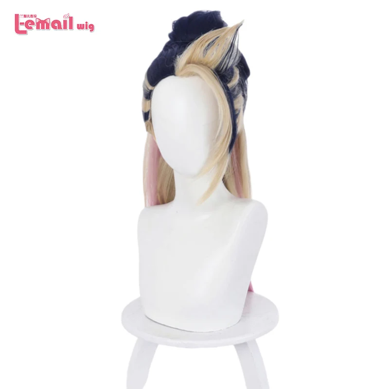 

L-email wig KDA Baddest Akali Cosplay Wigs LOL KDA Cosplay Blonde Mixed Blue Pink Wigs Ponytail Heat Resistant Synthetic Hair