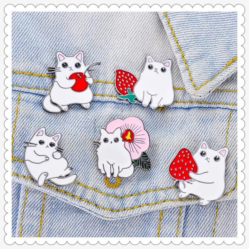 Cute White Cat Metal Enamel Pin Cartoon Animal Strawberry Cherry Baby Backpack Badge Children Gift Jewelry Brooch | Украшения и