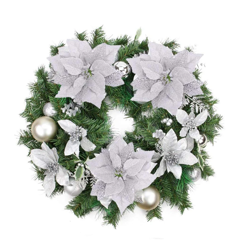 12 шт. Блестящий Poinsettia Рождественский Декор золотой цветок дерево украшения для дома Рождественская елка венок украшения 22 см
