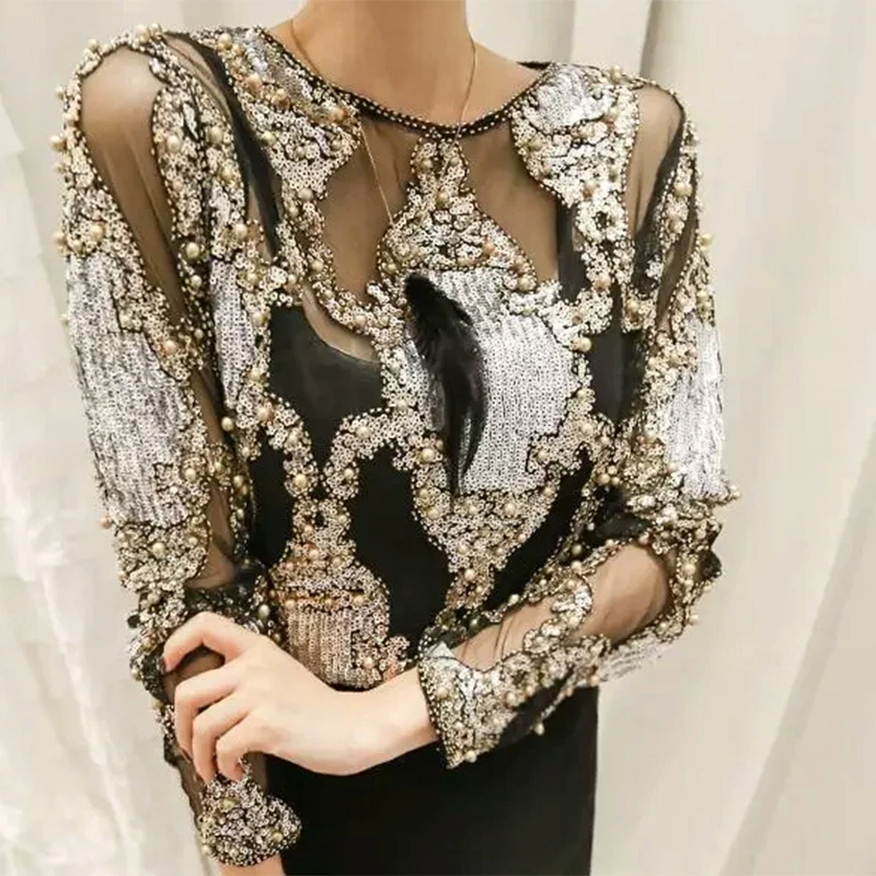 Sequin Blouse Women's Sequin Party Top Long Sleeve Glitter Unic Ops