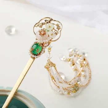 

Natural Stone Flower Chinese Hair Stick With Tassel Copper Freshwater Pearl Hair Pins For Women Pince Cheveux Femme WIGO1456