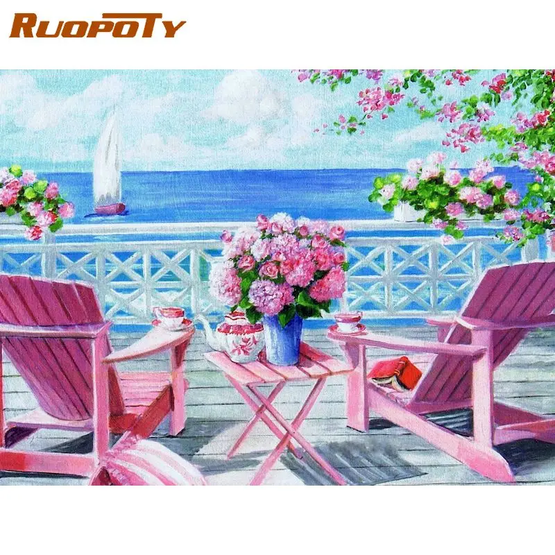 

RUOPOTY Balcony Landscape Paint By Number Canvas Painting Kits DIY Frame Picture By Numbers Hand Painted Acrylic Home Decor