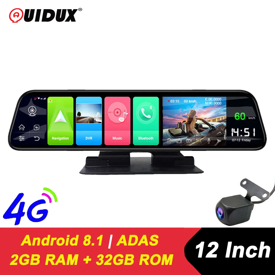 QUIDUX 12 Inch 4G Car DVR Camera GPS FHD 1080P Android Dash Cam
