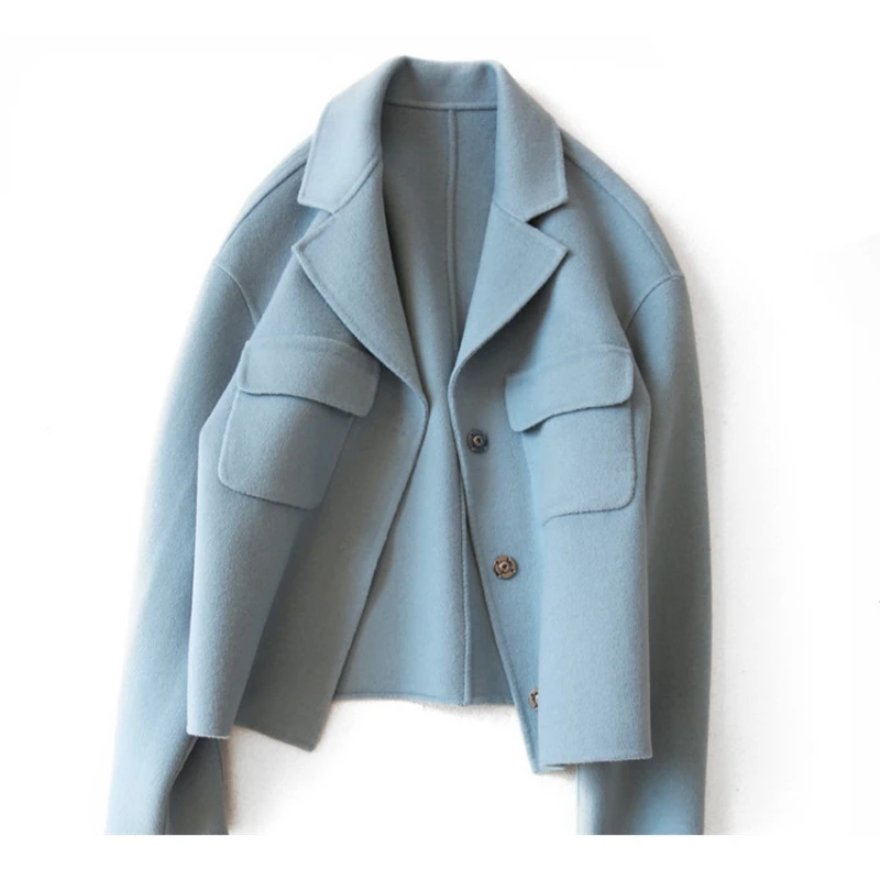 Высокое качество, ручная работа, двухстороннее шерстяное короткое пальто, женская куртка, 19 темперамент, Офисная Леди, Осень-зима, шерстяное пальто для женщин K285 - Цвет: Синий