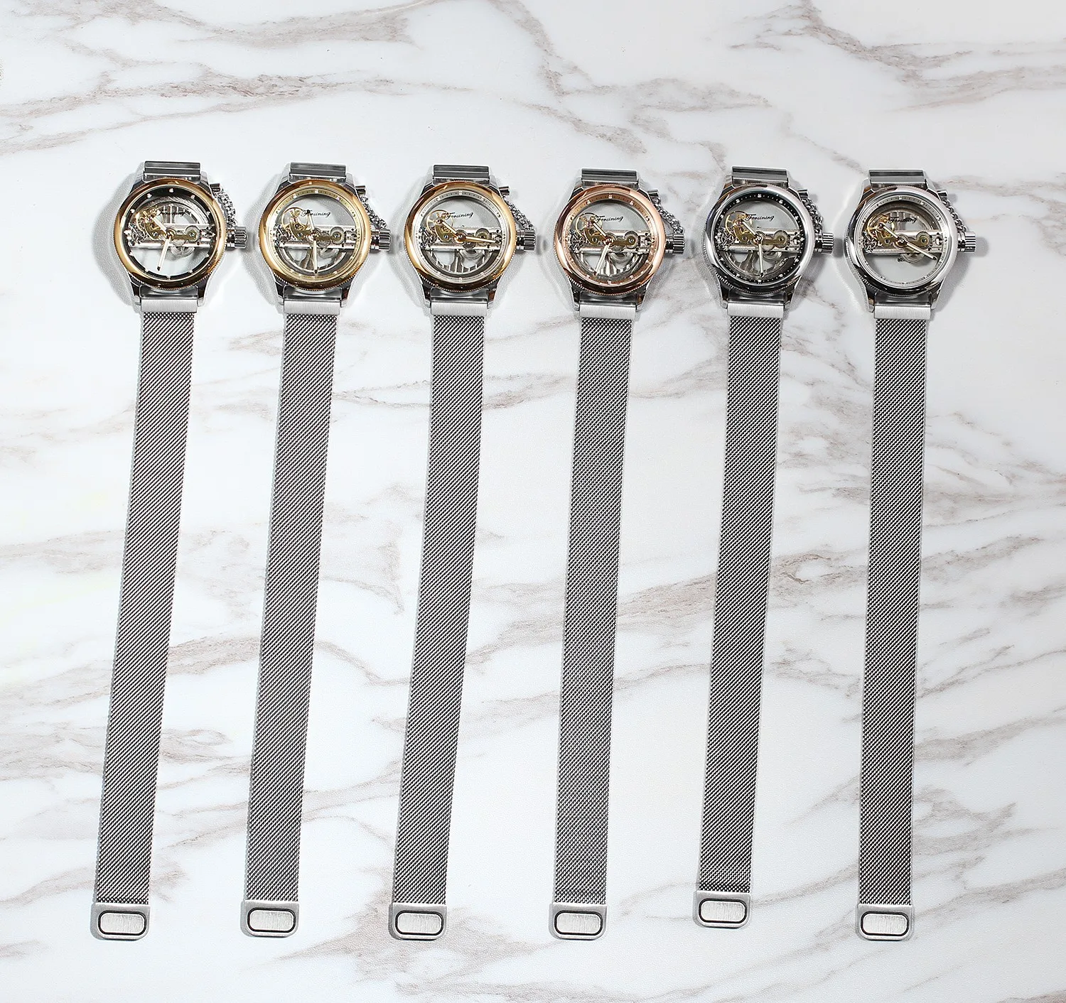 Популярные прозрачные автоматические механические часы для женщин и мужчин, сетчатый ремешок из нержавеющей стали, винтажные часы со скелетом, светящиеся мужские часы