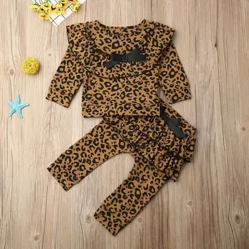 

1-4 Years Autumn Infant Kids Baby Girls Clothes Sets Cute Leopard Print Ruffles Long Sleeve Tops Pants 2pcs Baby Girls Clothes