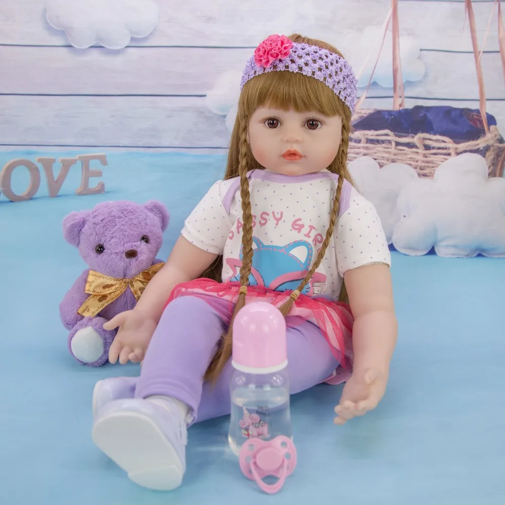 Long hair 60CM bebe doll reborn toddler girl doll in purple dress stuffed body soft silicone realistic baby reborn toy gift