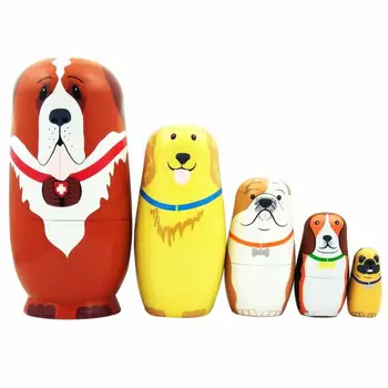 

5Pcs/Set Cute Cartoon Dog Russian Nesting Dolls Matryoshka Wooden Handmade Toy