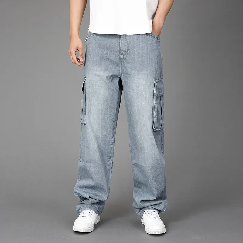 

Jeans Men Spring and Autumn Large size Wide-leg jeans Men's Loose large Pockets Overalls Hip-Hop straight Denim trousers