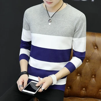 

2020 New Spring and Autumn Men's Stripes Thin Sweater Youth round Neck Casual Sweater