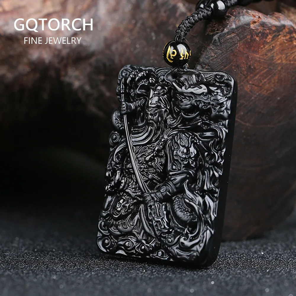 Ожерелье с подвеской из натурального камня Lord Guan Yu Black Obsidian Shifting Lucky And Bravery Amulet Jewelry