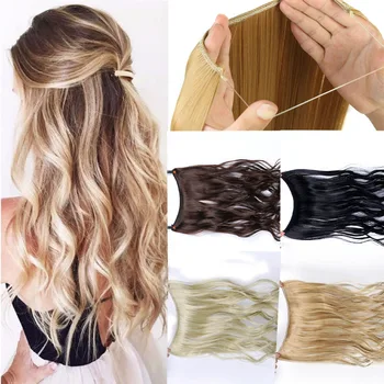 

Allaosify 24 Inch Invisible Wire No Clip One Piece Halo Hair Extensions Secret Fish Line Hairpieces Wave Straight Synthetic Fake