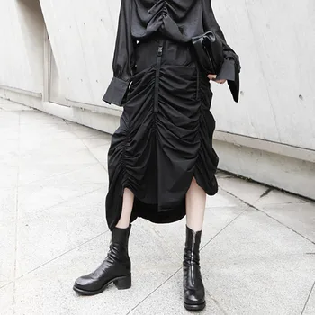 

OUSHANG Black irregular Skirt Female 2020 New Dark Wind Adjustable Buckle Skirt Irregular Pleated Skirt Spring-Summer