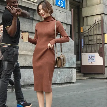 

Women Autumn And Winter Dress New High Collar Solid Color Dress Knit Mid-long Slim Dress