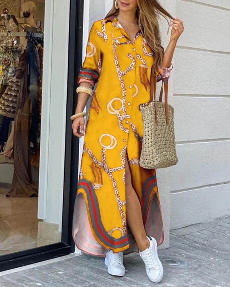 Print Dress Loose Shirt-Style Long Large-Size Fashionable Casual Women Home Ladies CN975