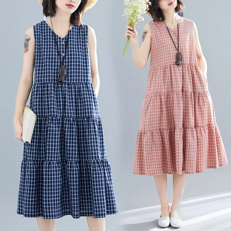 

Fat Mm Large Size Dress 2019 Summer New Style Plaid Literature And Art Loose-Fit Slimming Western Style Dress Women's