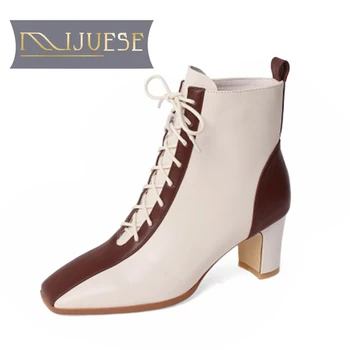 

MLJUESE 2021 women soft ankle boots cow leather lace up boots winter short plush square toe high heels women boots
