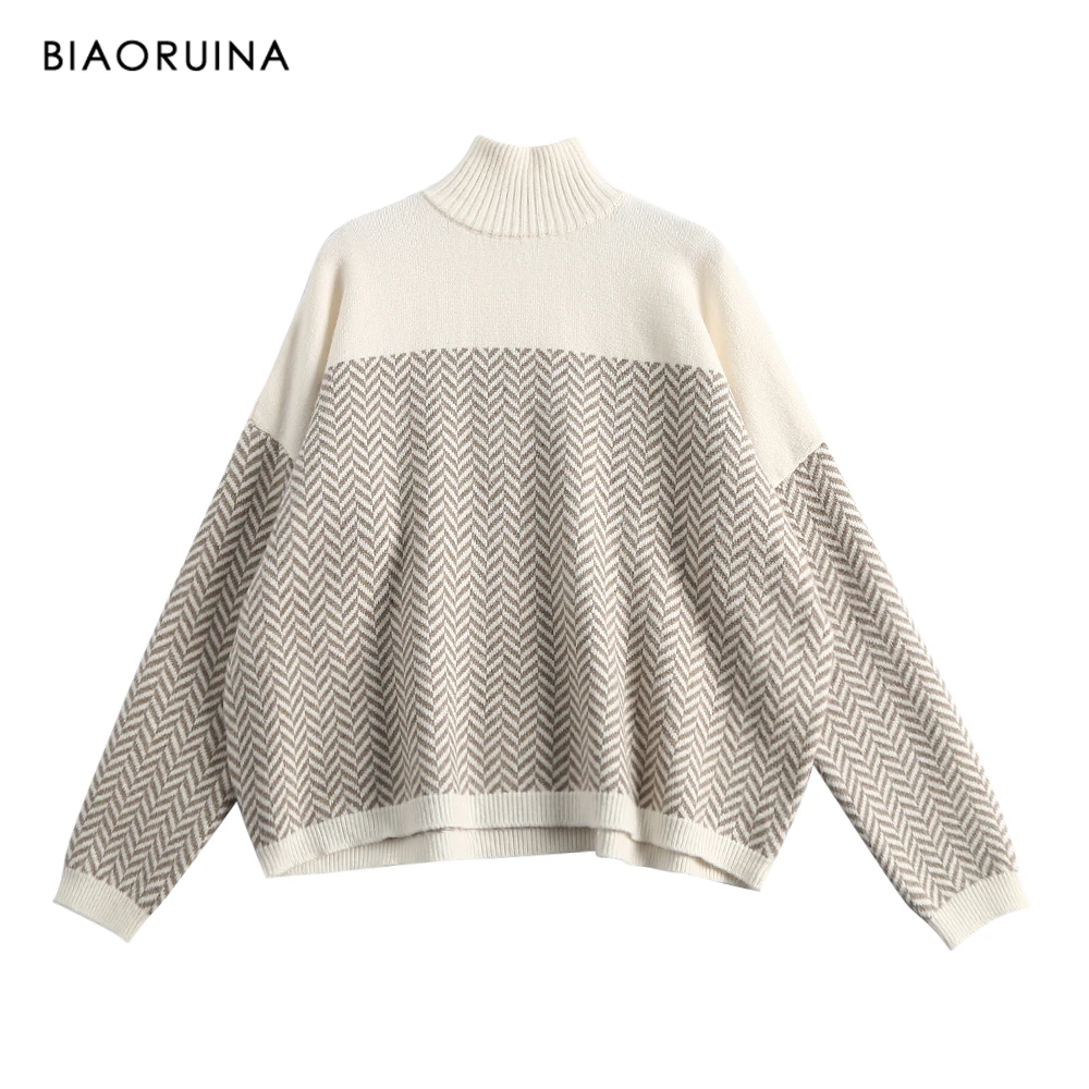 

BIAORUINA Women's Fashion Twill Ovesized Knit Turtleneck Sweater Office Lady Thick Warm Loose Winter Pullover New Arrival