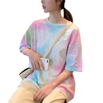 

Women Crew Neck Tie-dye Gradient Color Casual Short Sleeve Tee Shirt Blouse Tops