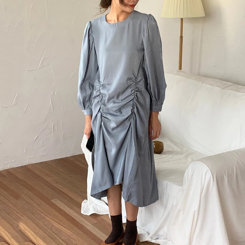 

Designer Style String Up Dress Irregular One Piece Dress Puff Sleeve Autumn Lady Robe Longue Vestido Largo Vestiti Lunga