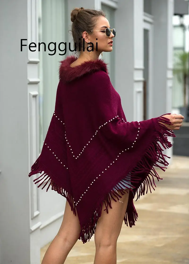 FENGGUILAI New Sweaters 2020 Faux Fur Collar Pullovers Autumn Winter Knitted Outwears Elegant Beading Cloaks Purple Tassel Wrap FENGGUILAI New Sweaters 2020 Faux Fur Collar Pullovers Autumn Winter Knitted Outwears Elegant Beading Cloaks Purple Tassel Wrap
