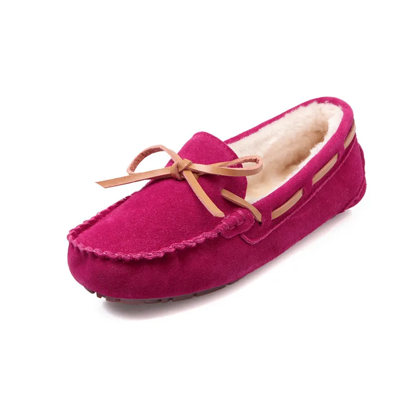 Winter New Warm Loafers Shoes Fashion Bowtie Soft Leather Women Ballet Flats Round Toe Non-slip Maternity Mother Boat Shoes