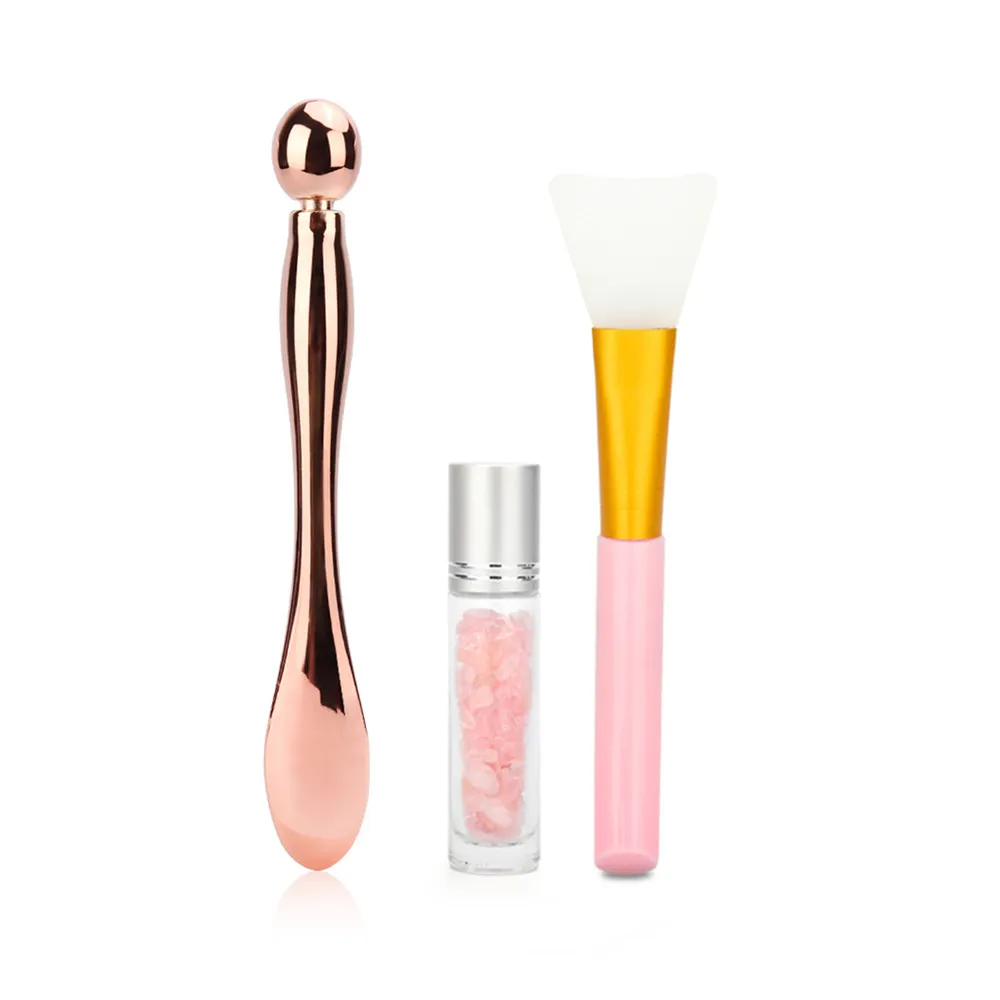 

Metal Divided Scoop Eye Cream Applicator Eyes Massage Stick Rose Quartz Essential Oil Bottle Silicone Facial Mask Brush Set