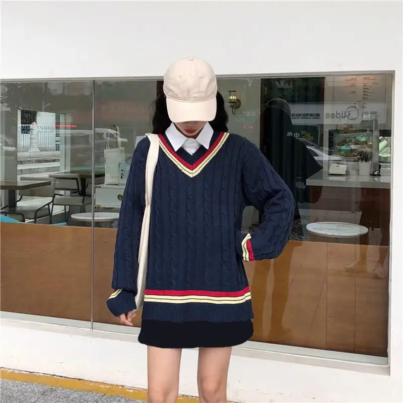  Fall Winter V Neck Striped Plus Size Sweater Twist Loose Casual Sweater Pullovers Long Sleeve Knitt