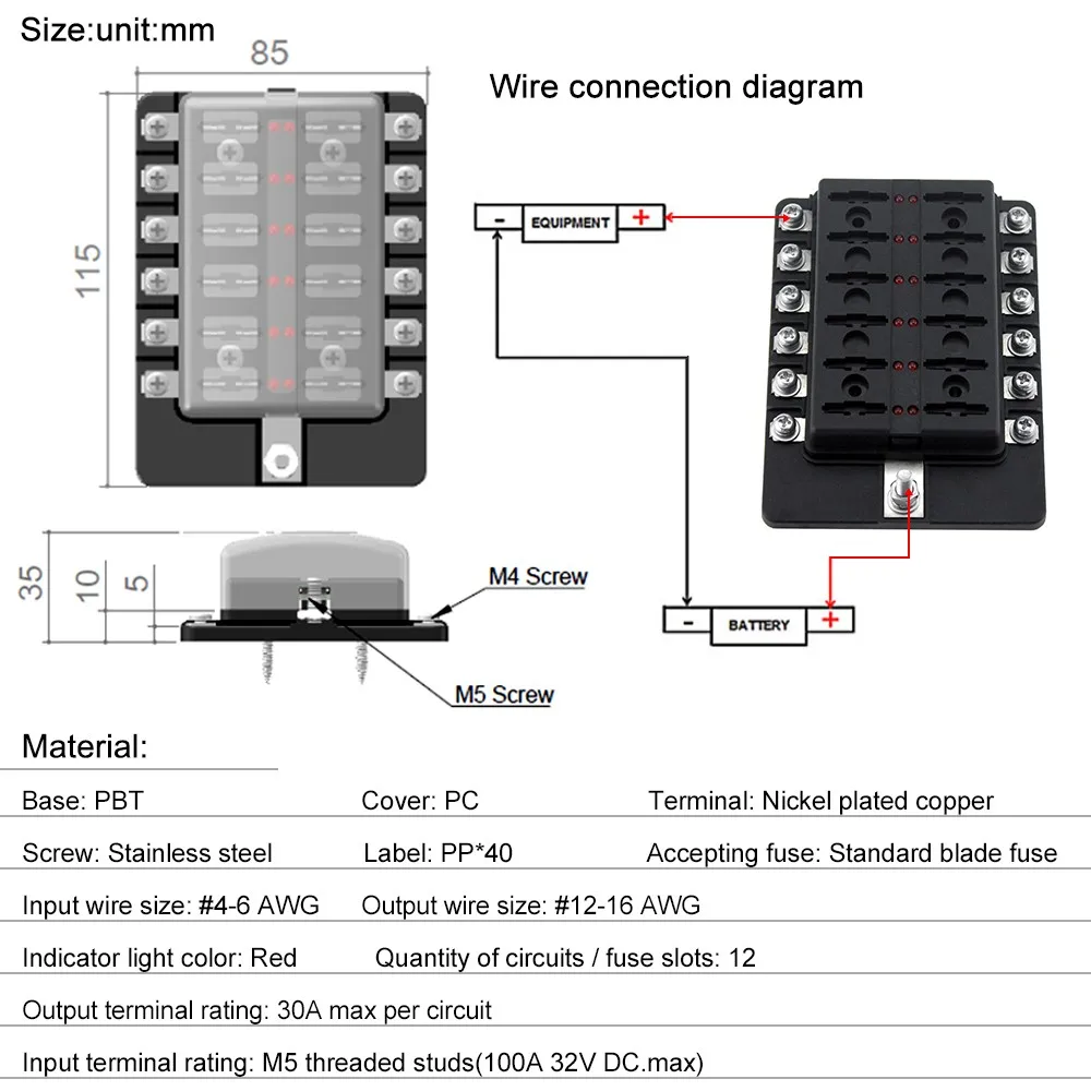 12 Way Blade Fuse Box Holder Fuse Blocks with Red LED Indicator 10Pcs Fuses 10Pcs Terminals for Car Boat Marine Caravan Truck