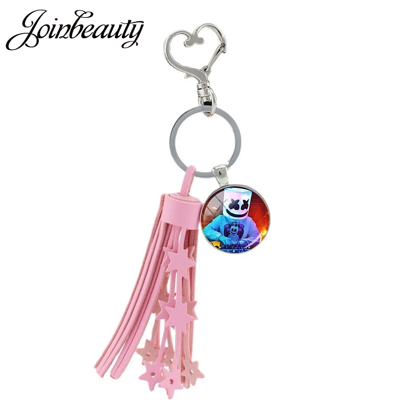 

JOINBEAUTY DJ Marshmallow Tassel keychain Glass Dome Key Ring Pendant Key Chain Fans Souvenir key ring MS93