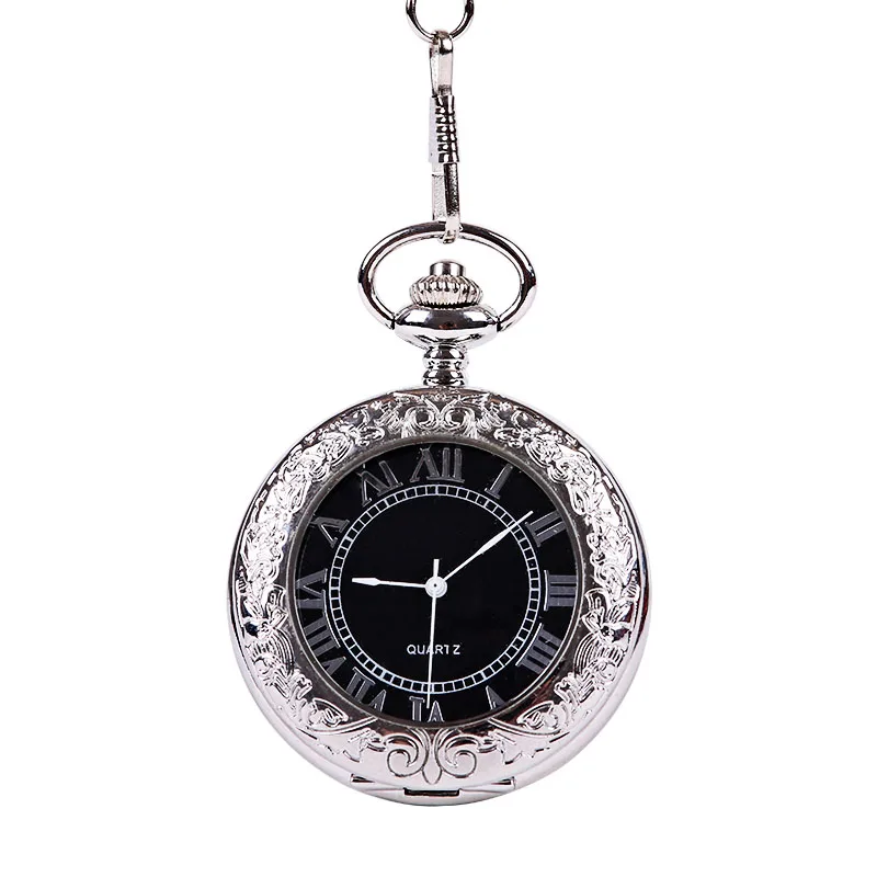 Retro Trend Silver Perspective Glass Roman Open Black Digital Pocket Watch with Chain Men's and Women's Accessories