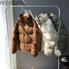 OCEANLOVE, однотонные короткие парки со стоячим воротником на молнии, плотное зимнее пальто для женщин, теплая Корейская винтажная куртка, Женская мода 13106