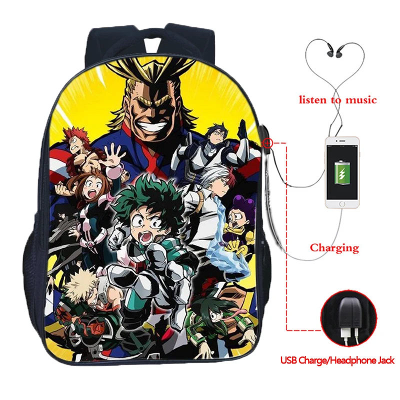 Рюкзак Boku No Hero Academy с usb-зарядкой, рюкзак с двойным карманом, школьный рюкзак Mochila для мужчин и женщин, повседневный рюкзак для девочек и мальчиков