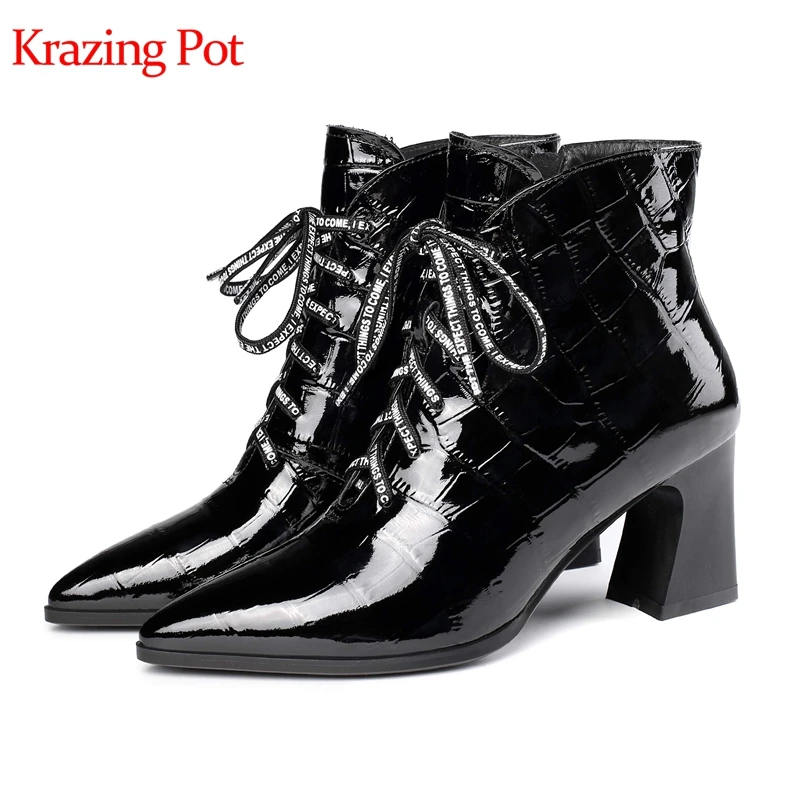 

Krazing pot cow leather gingham prints leather lace up charming winter keep warm pointed toe high heels big size ankle boots L10