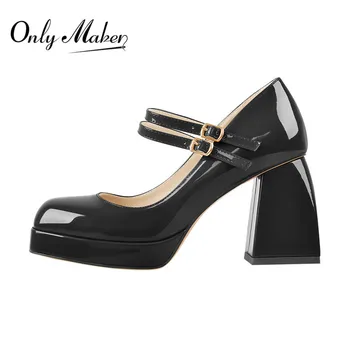 

Onlymaker Women's Squar Toe Mary Jane Black Red Lolita Platform Square Heel Chucky Heels Classics Buckle Strap Pumps