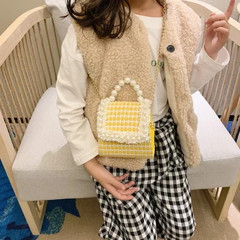 

Mini Messenger Top-handle Bags Cotton Linen Crossbody Autumn Winter Fashion Girls Elegant Plaid Pearl Small Handbag