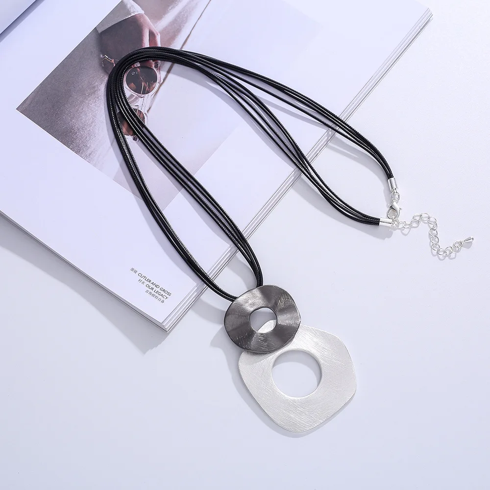 Amorcome Fashion Multi-strand Black Leather Necklace with Geometric Metal Pendants Suspension Long Sweater Chains Collares Gift